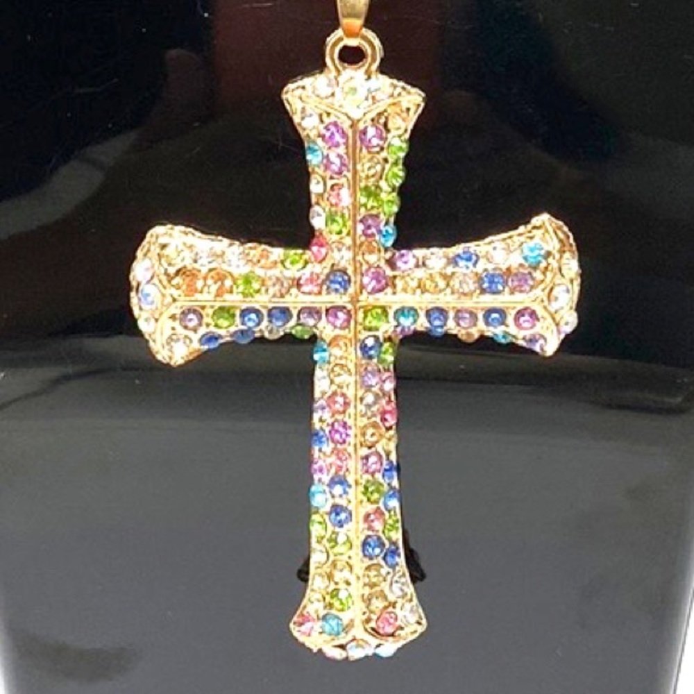 Betsey Johnson Crystal Multiple Color Cross Pendant Necklace.